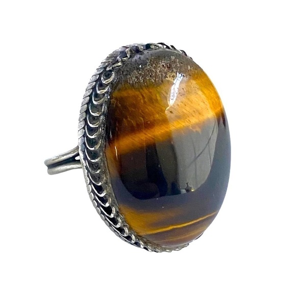 Vintage Tigers Eye Sterling Silver Ring Cocktail Oval Cabachon Stone Size 6 - Picture 1 of 13